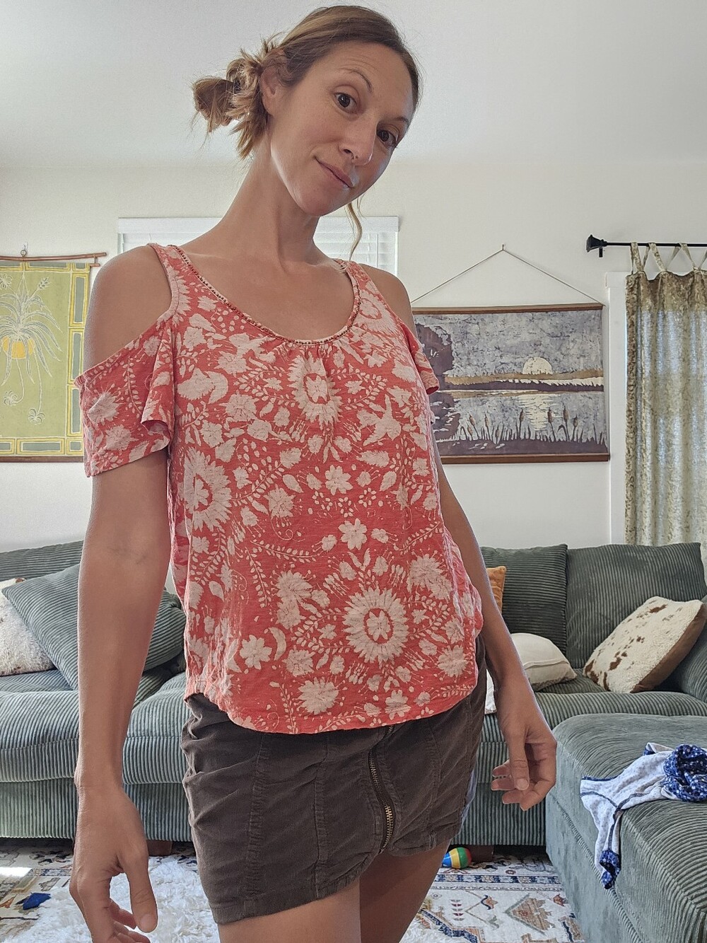 Lucky Brand Coral Floral Cold Shoulder Top Size Small Boho Festival